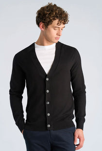 Front image of a model wearing the Ecovero vneck cardigan in black, by brand Lindbergh