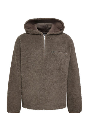 Front image of the Half zip pile hoodie in brown, by brand Lindbergh