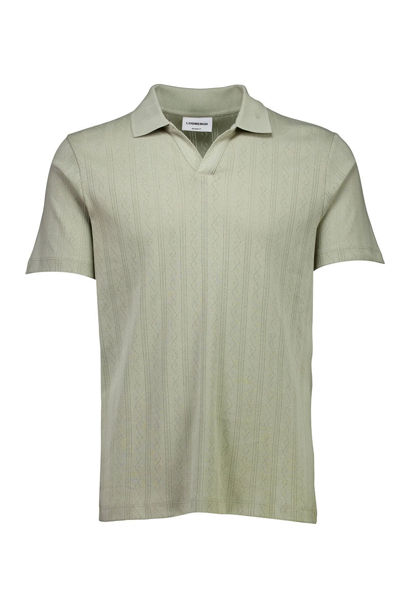 Front image of Jacquard vneck polo in olive, by brand Lindbergh
