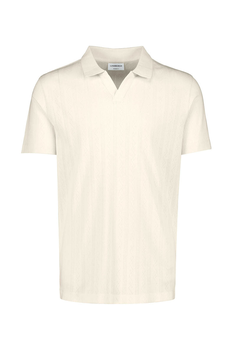 Front image of Jacquard vneck polo in off white, by brand Lindbergh