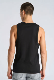 Back image of a model wearing the Slim fit tank top in black, by brand Lindbergh