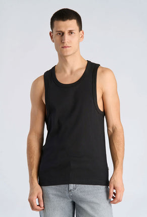 Front image of a model wearing Slim fit tank top in black, by brand Lindbergh