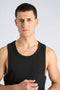 Front image of a model wearing the Slim fit tank top in black, by brand Lindbergh