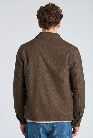 Back image of a model wearing the Wool blend flannel overshirt in brown, by brand Lindbergh