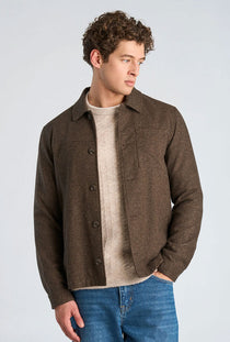 Front image of a model wearing the Wool blend flannel overshirt in brown, by brand Lindbergh