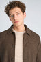 Front image of a model wearing the Wool blend flannel overshirt in brown, by brand Lindbergh