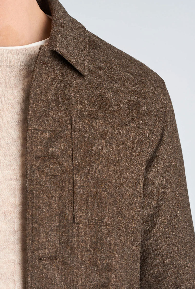 Front image of a model wearing Wool blend flannel overshirt in brown, by brand Lindbergh