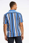 Back image of a model wearing the Bold stripe viscose shirt in blue, by brand Lindbergh