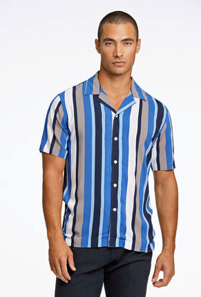 Front image of a model wearing Bold stripe viscose shirt in blue, by brand Lindbergh