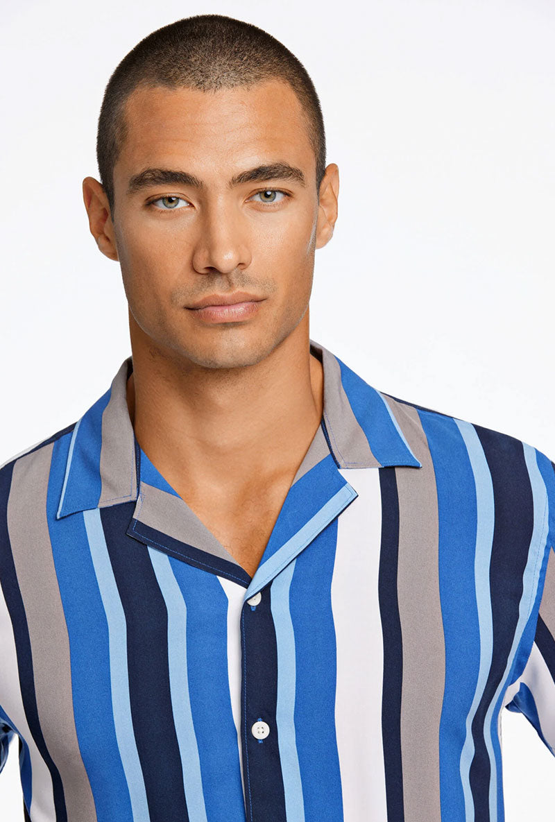 Front image of a model wearing Bold stripe viscose shirt in blue, by brand Lindbergh