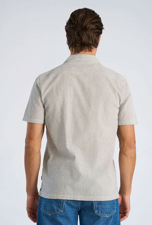 Back image of a model wearing the Striped seersucker shirt in stripe, by brand Lindbergh
