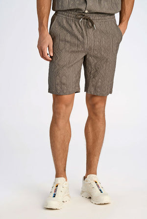Front image of a model wearing the Textured shorts in khaki, by brand Lindbergh