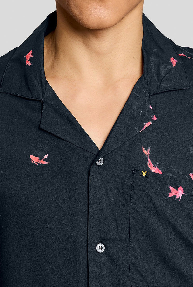 Front image of Goldfish resort shirt in navy, by brand Lyle and scott