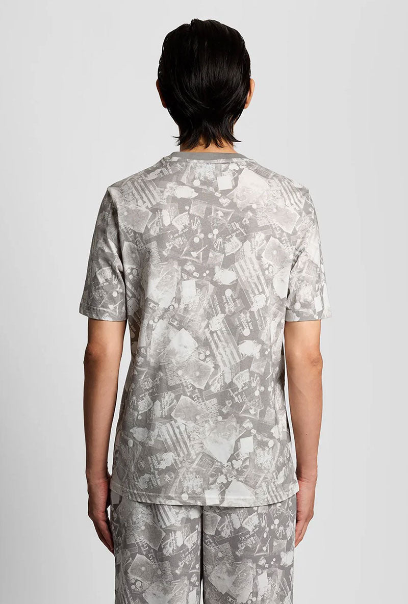 Back image of a model wearing Industrial print t in grey, by brand Lyle and scott