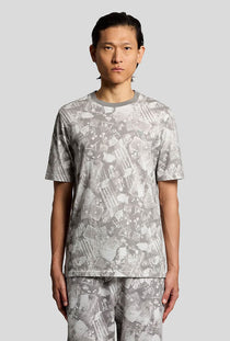 Front image of a model wearing the Industrial print t in grey, by brand Lyle and scott
