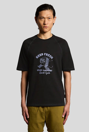 Front image of a model wearing Keep fresh graphic t in navy, by brand Lyle and scott