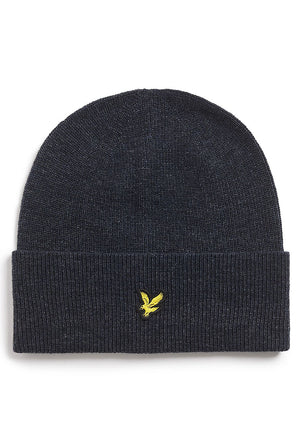 Front image of the Lyle and scott lambswool ribbed beanie in navy, by brand Lyle and scott