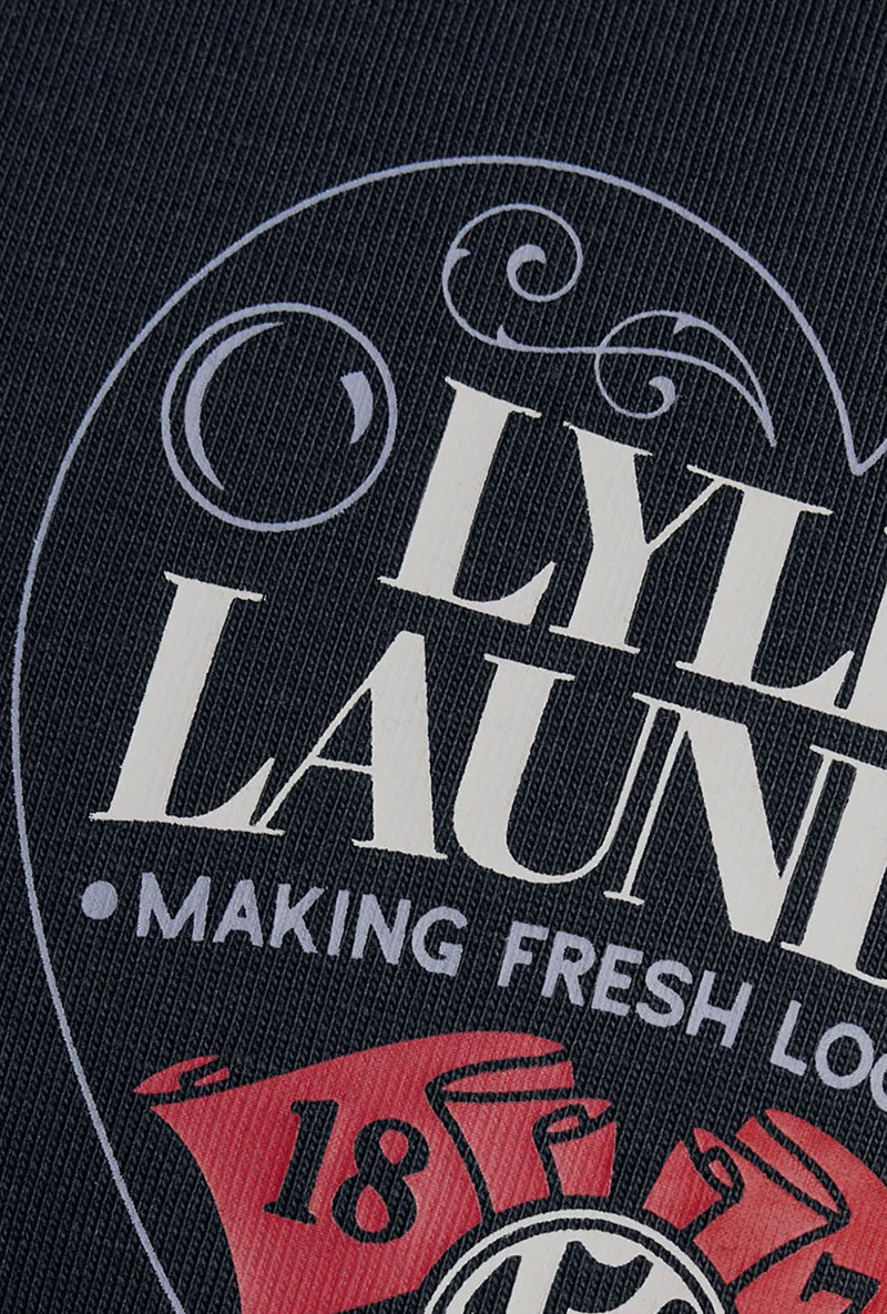 Graphic detail image of Lyles laundry graphic t in navy, by brand Lyle and scott