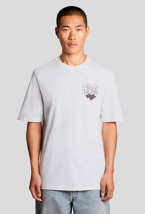 Front image of a model wearing Lyles laundry graphic t in white, by brand Lyle and scott