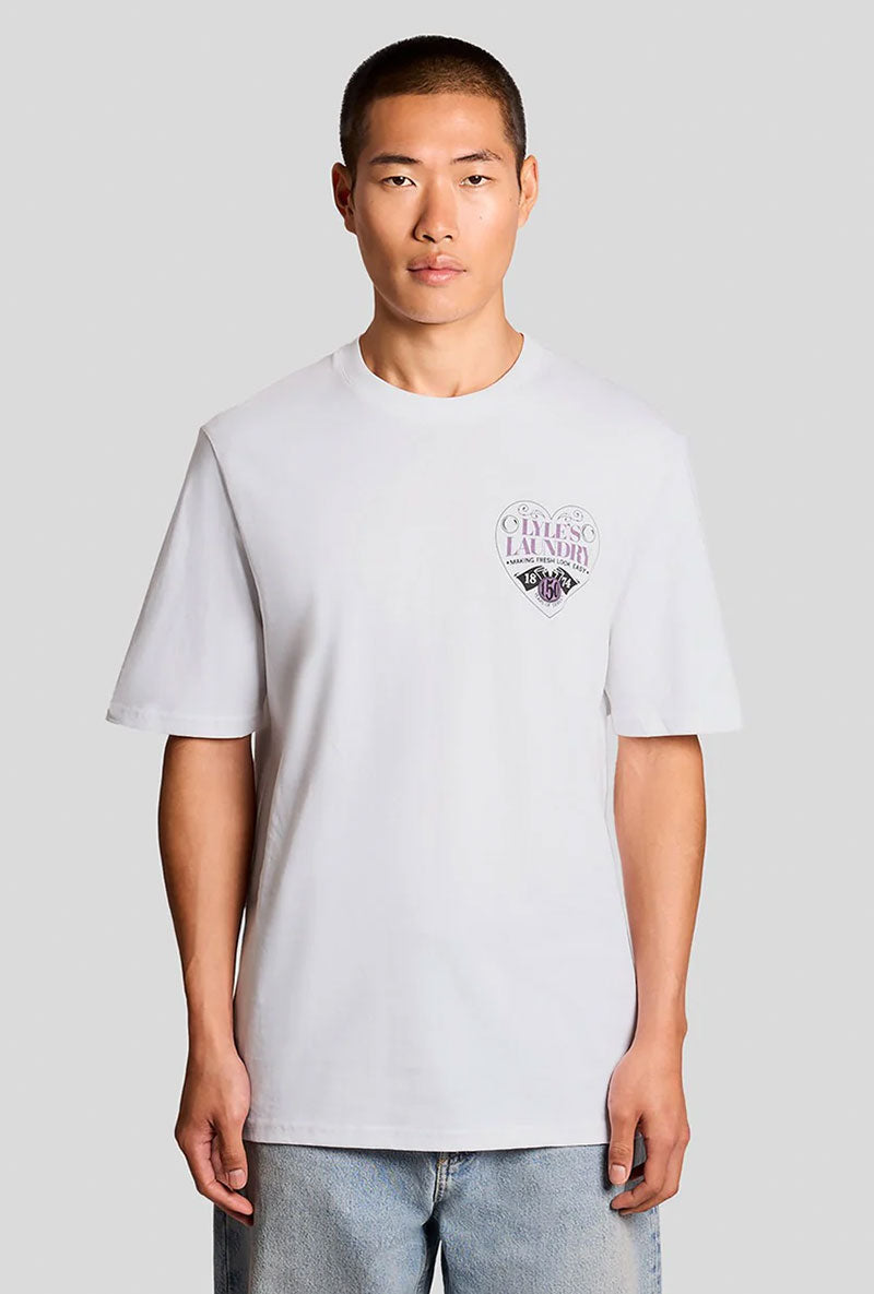 Front image of a model wearing Lyles laundry graphic t in white, by brand Lyle and scott