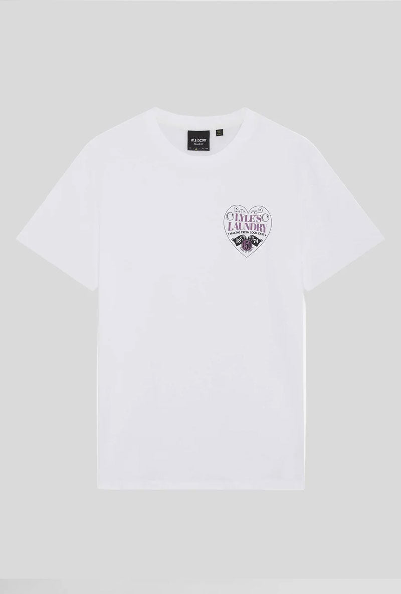 Front image of Lyles laundry graphic t in white, by brand Lyle and scott