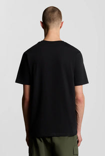 Back image of a model wearing the Plain logo tshirt in black, by brand Lyle and scott