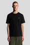 Front image of a model wearing Plain logo tshirt in black, by brand Lyle and scott