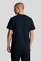 Back image of a model wearing the Plain logo tshirt in navy, by brand Lyle and scott