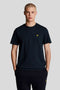 Front image of a model wearing Plain logo tshirt in navy, by brand Lyle and scott