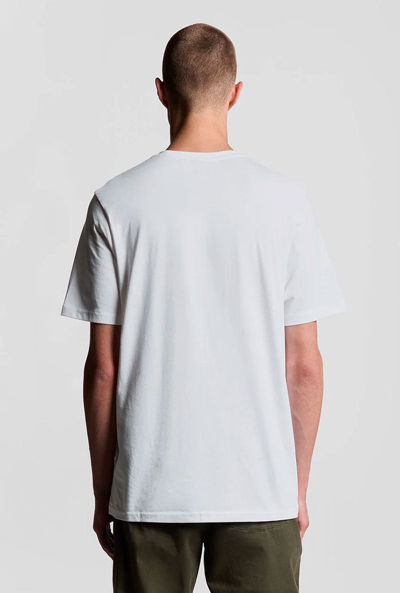 Back image of a model wearing Plain logo tshirt in white, by brand Lyle and scott