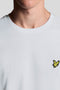 Front neck detail image of a model wearing the Plain logo tshirt in white, by brand Lyle and scott