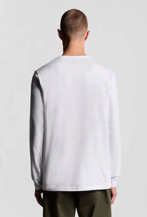 Back image of a model wearing the Plain ls tshirt in white, by brand Lyle and scott