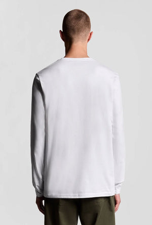 Back image of a model wearing the Plain ls tshirt in white, by brand Lyle and scott