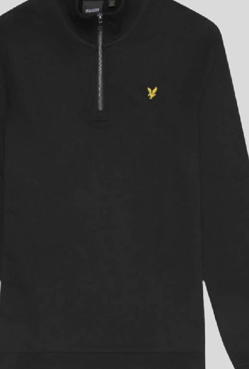Front image of Superfine qrt zip sweatshirt in black, by brand Lyle and scott