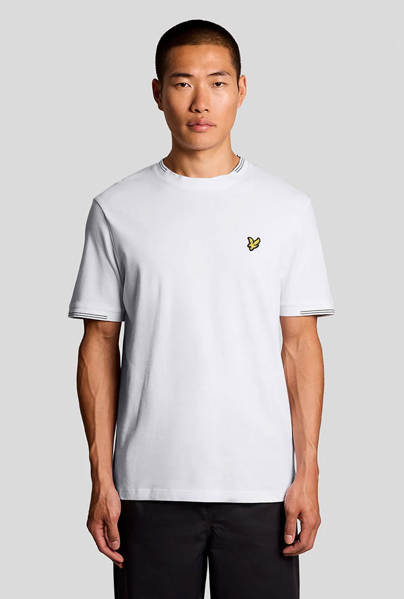 Front image of a model wearing Fine tipped t in white, by brand Lyle and scott