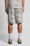 Back image of a model wearing the Industrial print sweat shorts in grey, by brand Lyle and scott