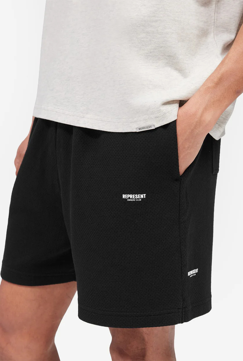 Front image of Micro owners club mesh shorts in black, by brand Represent