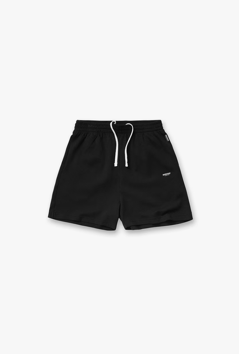 Front image of Micro owners club mesh shorts in black, by brand Represent