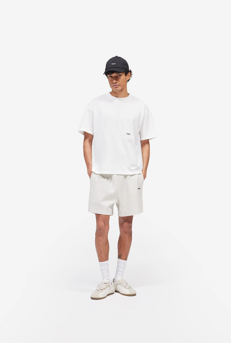 Front image of a model wearing wearing Micro owners club mesh shorts in cream, by brand Represent