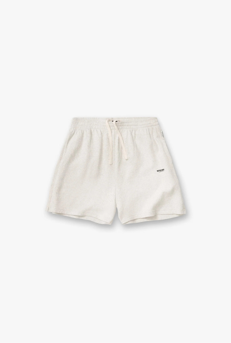 Front image of Micro owners club mesh shorts in cream, by brand Represent