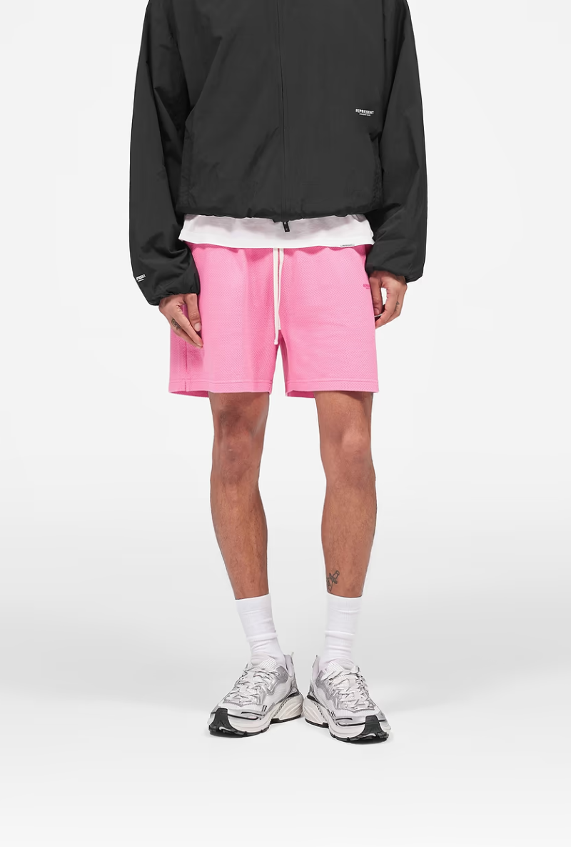 Front image of Micro owners club mesh shorts in pink, by brand Represent