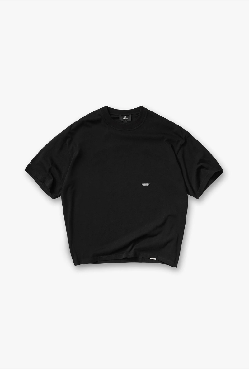 Front image of Micro owners club tshirt in black, by brand Represent