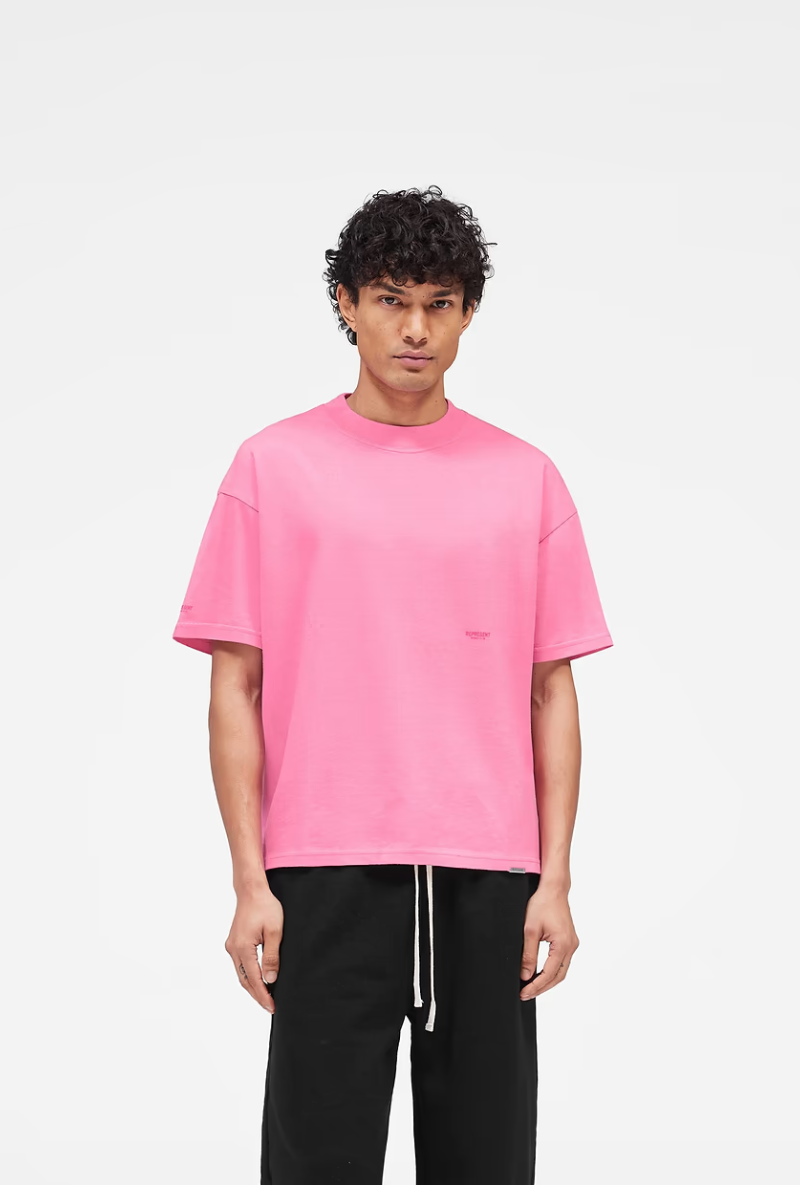 Front image of Micro owners club tshirt in pink, by brand Represent