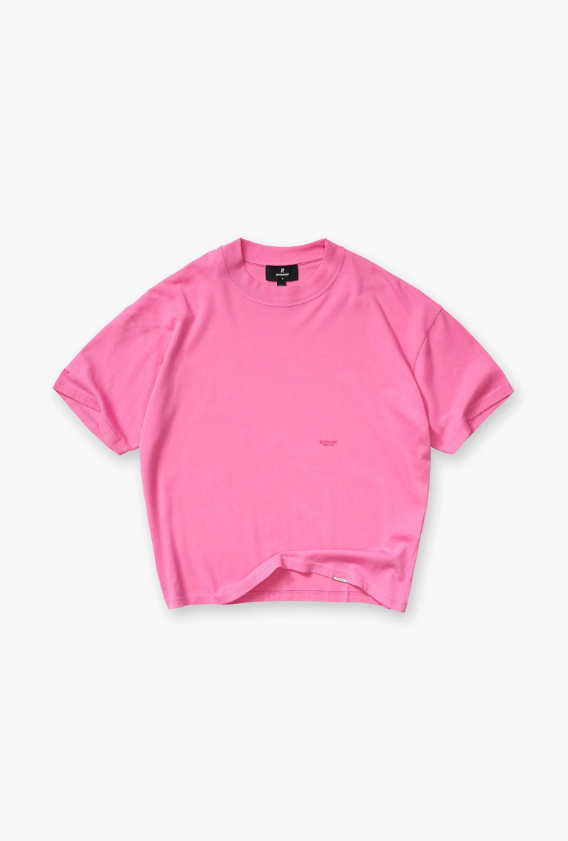 Front image of Micro owners club tshirt in pink, by brand Represent