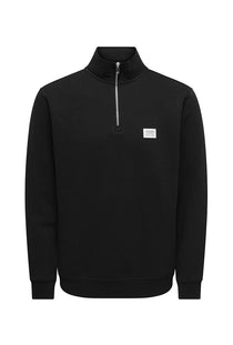 Front image of the Dawson half zip sweatshirt in black, by brand Only