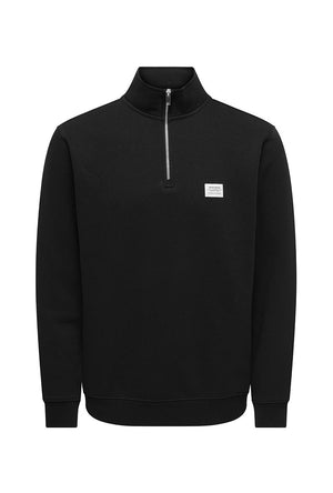 Front image of the Dawson half zip sweatshirt in black, by brand Only