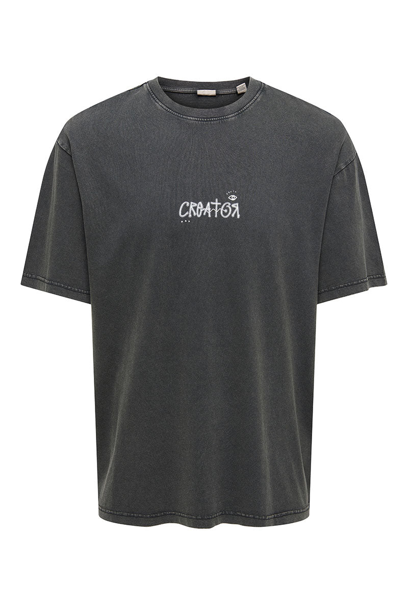 Front image of Fred creative washed tee in black, by brand Only and sons