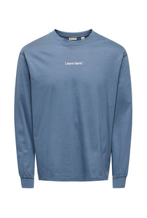 Front image of the Fred life ls varsity tee in indigo, by brand Only and sons