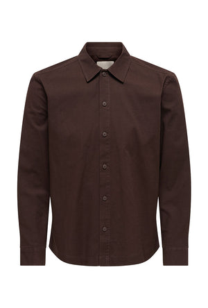 Front image of the Reid l/s regular shirt in brown, by brand Only and sons