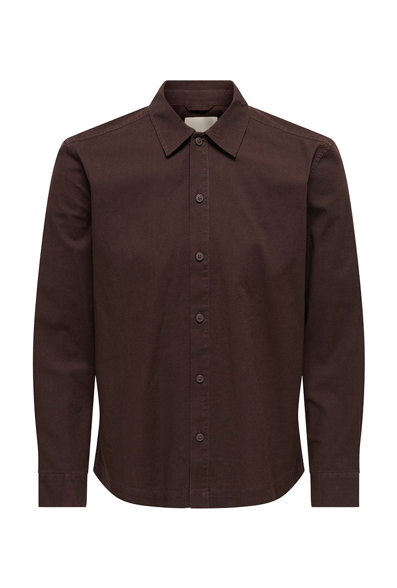 Front image of Reid ls regular shirt in brown, by brand Only and sons